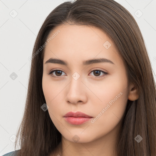 Neutral white young-adult female with long  brown hair and brown eyes