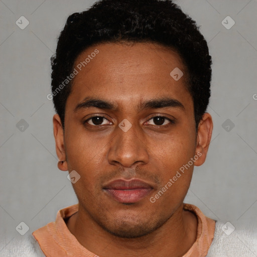 Neutral latino young-adult male with short  black hair and brown eyes