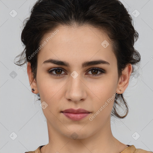 Neutral white young-adult female with medium  brown hair and brown eyes