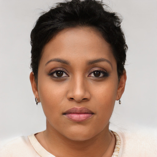 Neutral latino young-adult female with short  brown hair and brown eyes