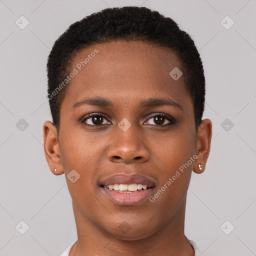 Joyful black young-adult female with short  brown hair and brown eyes