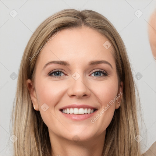 Joyful white young-adult female with long  brown hair and grey eyes