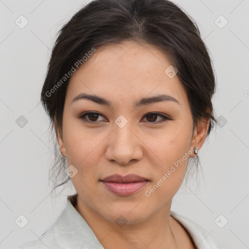 Joyful asian young-adult female with medium  brown hair and brown eyes