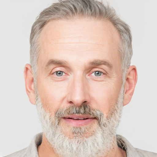 Neutral white middle-aged male with short  gray hair and grey eyes