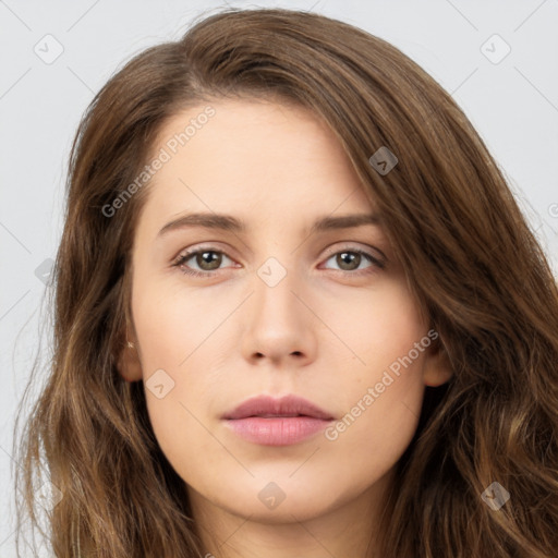 Neutral white young-adult female with long  brown hair and brown eyes