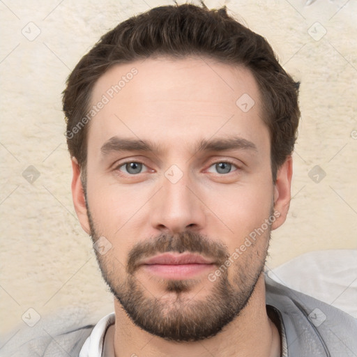 Joyful white young-adult male with short  brown hair and brown eyes