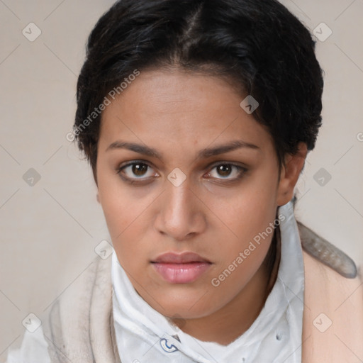 Neutral white young-adult female with short  brown hair and brown eyes