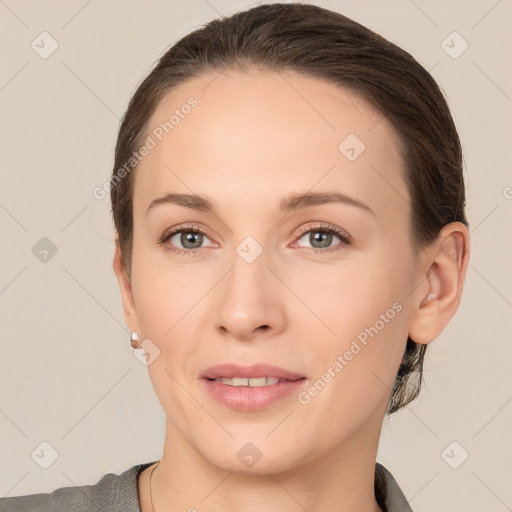 Neutral white young-adult female with short  brown hair and brown eyes