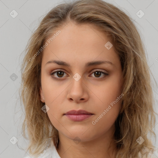 Neutral white young-adult female with medium  brown hair and brown eyes