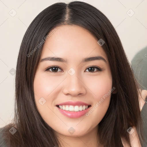 Joyful white young-adult female with long  brown hair and brown eyes