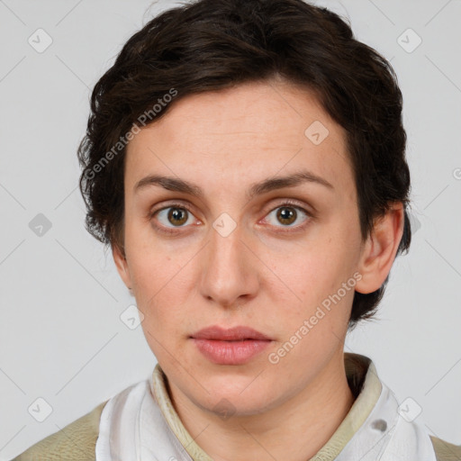 Neutral white young-adult female with short  brown hair and brown eyes