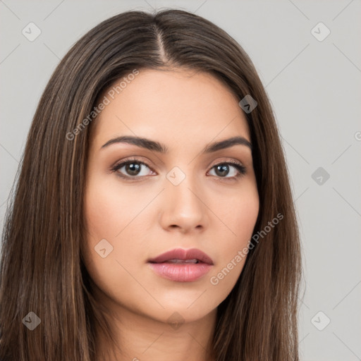 Neutral white young-adult female with long  brown hair and brown eyes