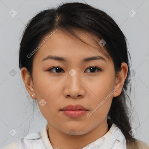 Neutral asian young-adult female with medium  brown hair and brown eyes