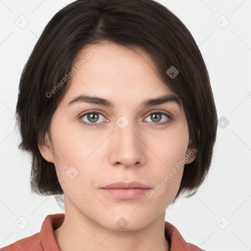 Neutral white young-adult female with medium  brown hair and brown eyes