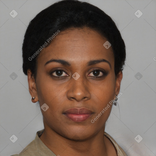 Neutral black young-adult female with short  black hair and brown eyes
