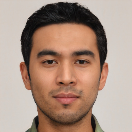 Neutral asian young-adult male with short  black hair and brown eyes