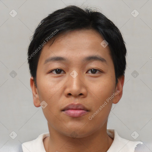 Neutral asian young-adult male with short  black hair and brown eyes