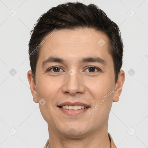 Joyful white young-adult male with short  brown hair and brown eyes