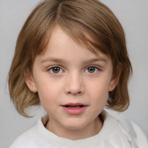 Neutral white child female with medium  brown hair and blue eyes