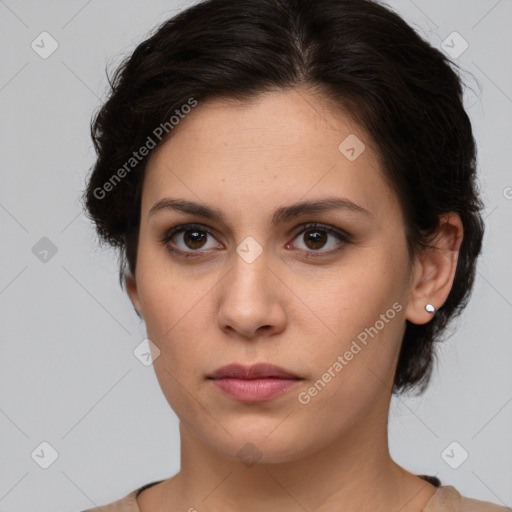 Neutral white young-adult female with medium  brown hair and brown eyes