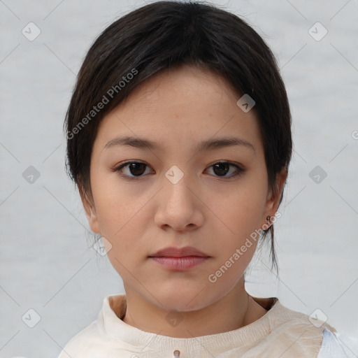 Neutral white young-adult female with short  brown hair and brown eyes