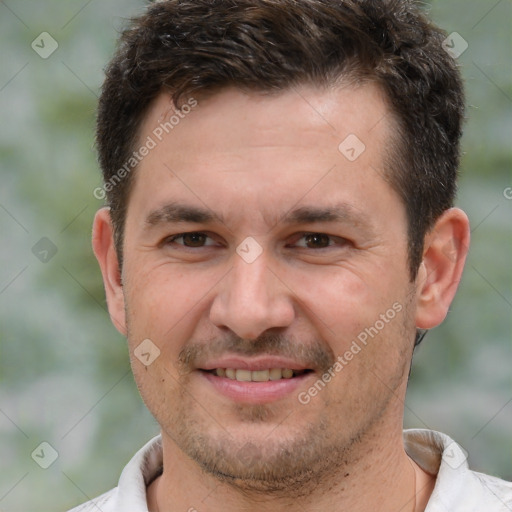 Joyful white young-adult male with short  brown hair and brown eyes