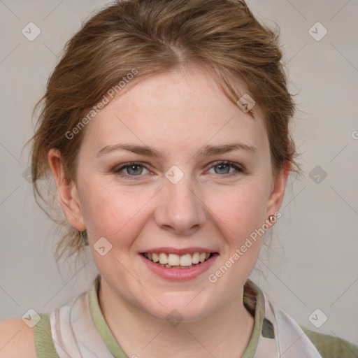 Joyful white young-adult female with medium  brown hair and blue eyes