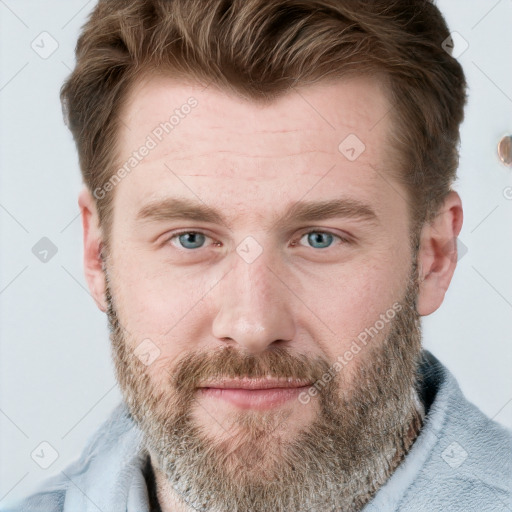 Neutral white adult male with short  brown hair and blue eyes