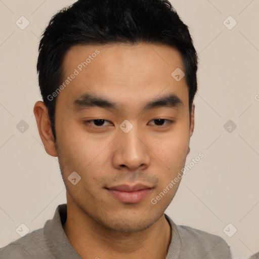 Neutral asian young-adult male with short  black hair and brown eyes