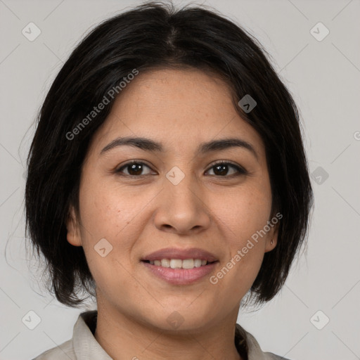 Joyful latino young-adult female with medium  brown hair and brown eyes