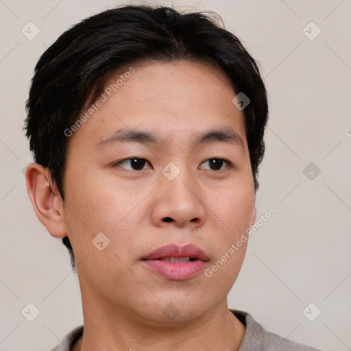 Neutral asian young-adult male with short  brown hair and brown eyes