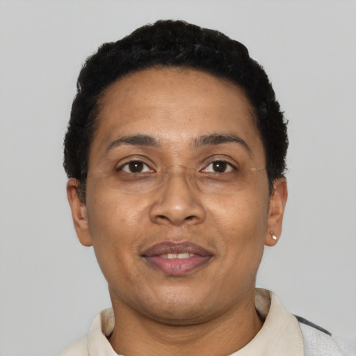 Joyful latino adult female with short  black hair and brown eyes