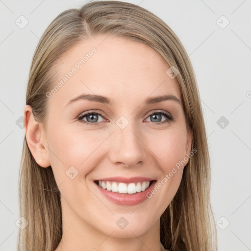 Joyful white young-adult female with long  brown hair and grey eyes