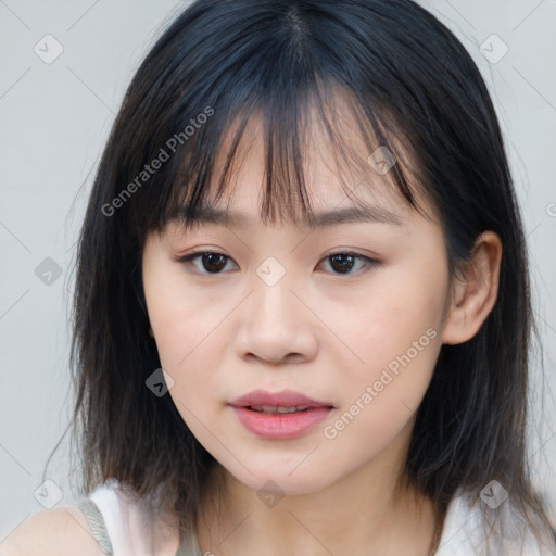 Neutral asian young-adult female with medium  brown hair and brown eyes