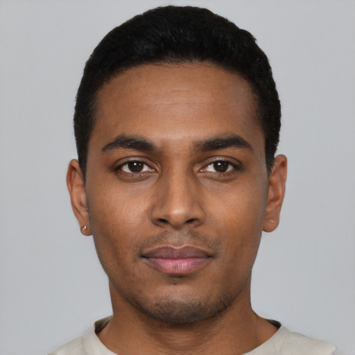 Neutral black young-adult male with short  black hair and brown eyes