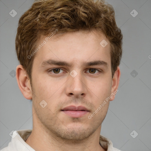 Neutral white young-adult male with short  brown hair and grey eyes