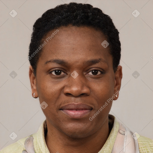 Joyful latino adult female with short  brown hair and brown eyes