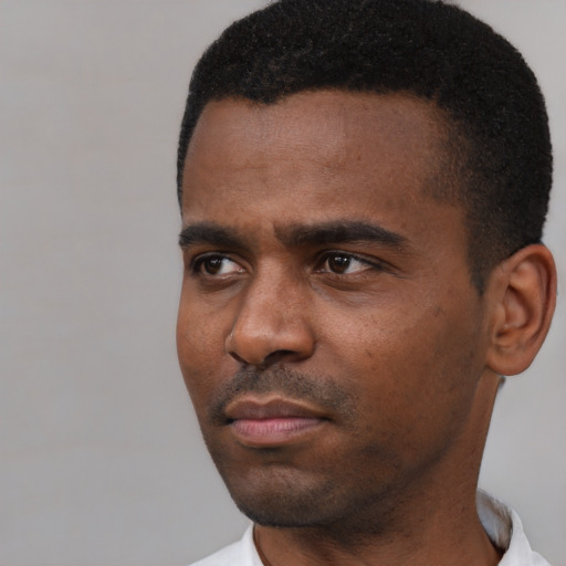 Neutral black young-adult male with short  black hair and brown eyes