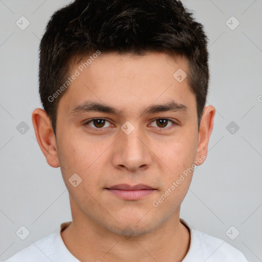 Neutral white young-adult male with short  brown hair and brown eyes