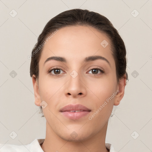 Neutral white young-adult female with short  brown hair and brown eyes