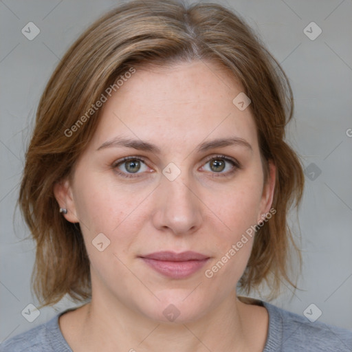 Joyful white young-adult female with medium  brown hair and blue eyes