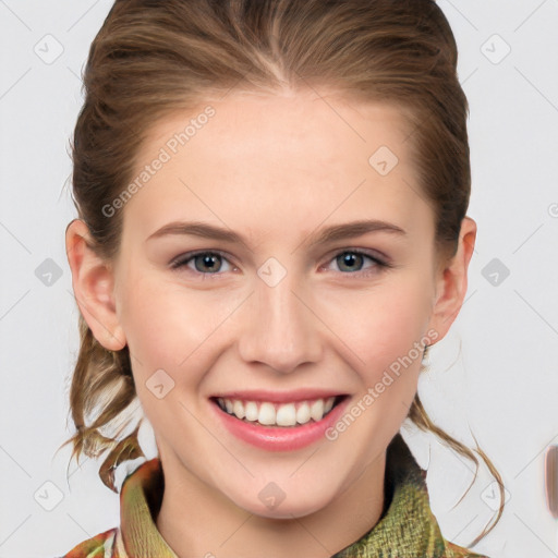 Joyful white young-adult female with medium  brown hair and blue eyes