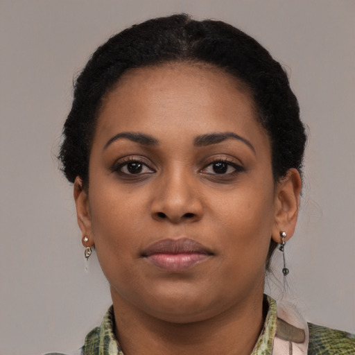 Neutral black young-adult female with short  black hair and brown eyes