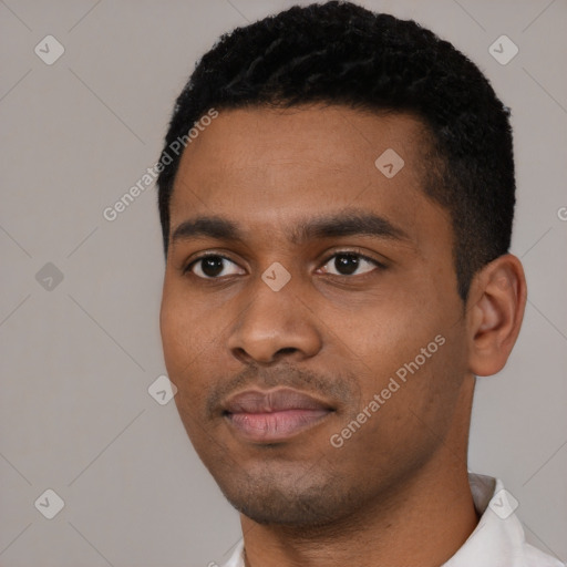 Neutral black young-adult male with short  black hair and brown eyes