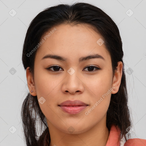 Joyful asian young-adult female with medium  brown hair and brown eyes