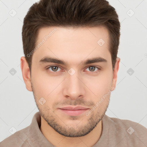 Neutral white young-adult male with short  brown hair and brown eyes