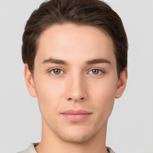 Neutral white young-adult male with short  brown hair and brown eyes