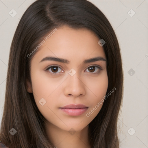 Neutral white young-adult female with long  brown hair and brown eyes