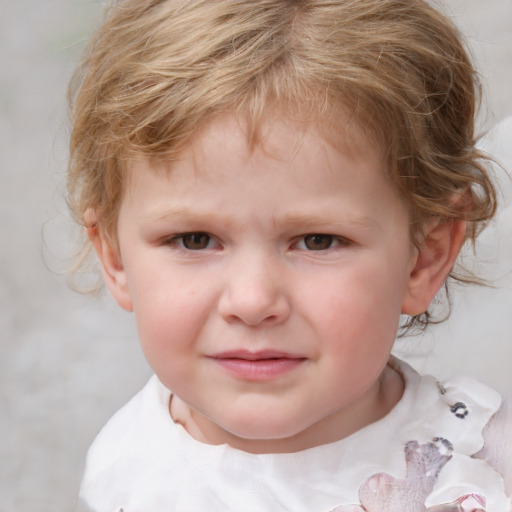 Joyful white child female with medium  brown hair and blue eyes