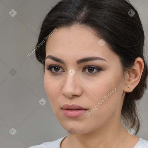 Neutral white young-adult female with medium  brown hair and brown eyes